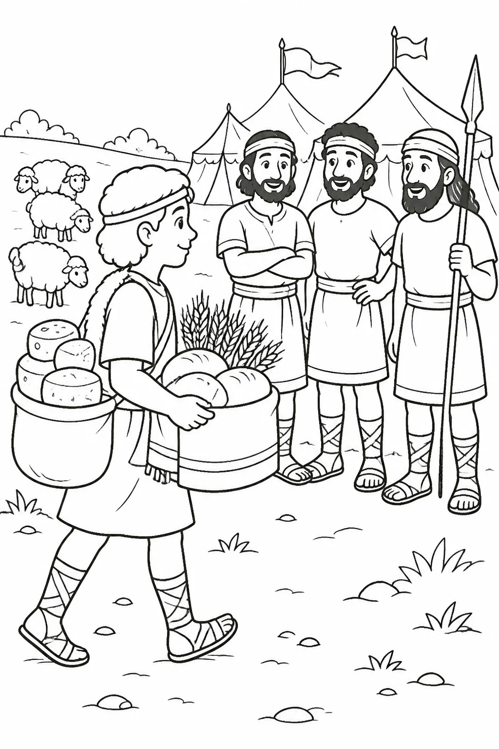 David Brings Food to His Brothers from David and Goliath Bible coloring page